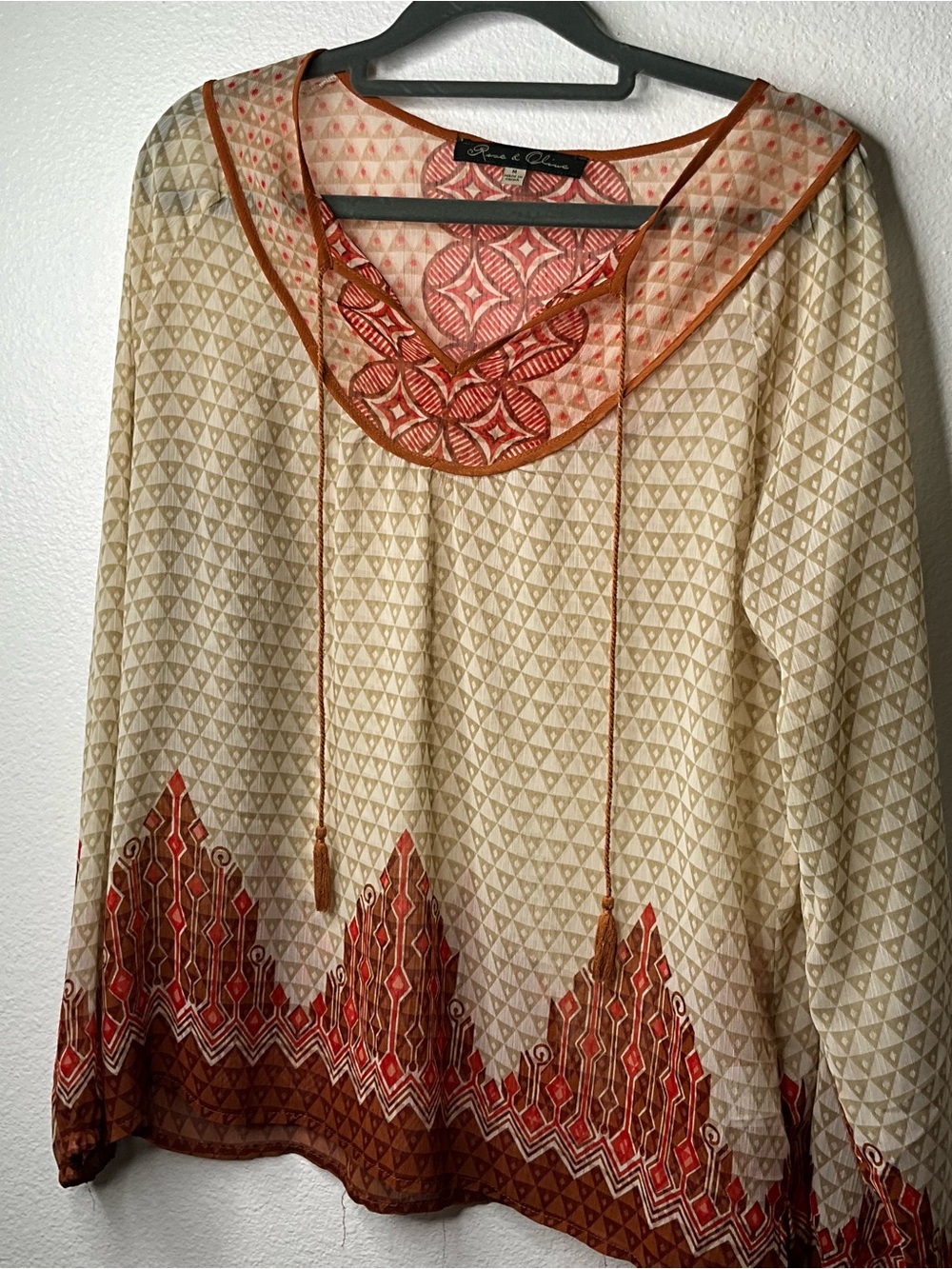 Rose & Olive Cream Blouse with Terra Cotta Trim